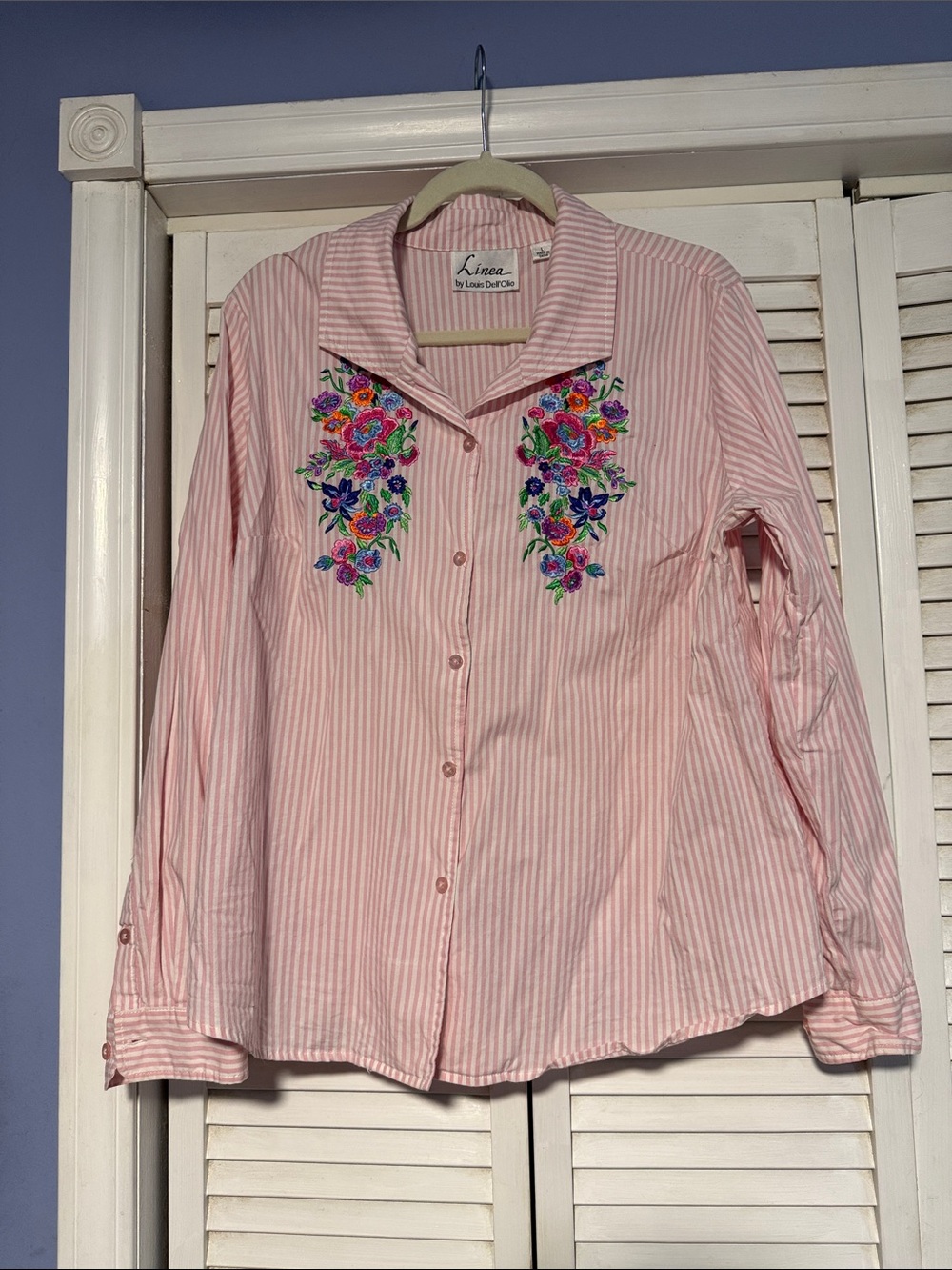 Linea by Louis Dell'Ollio Pink Striped Button-Down with Floral Embroidery